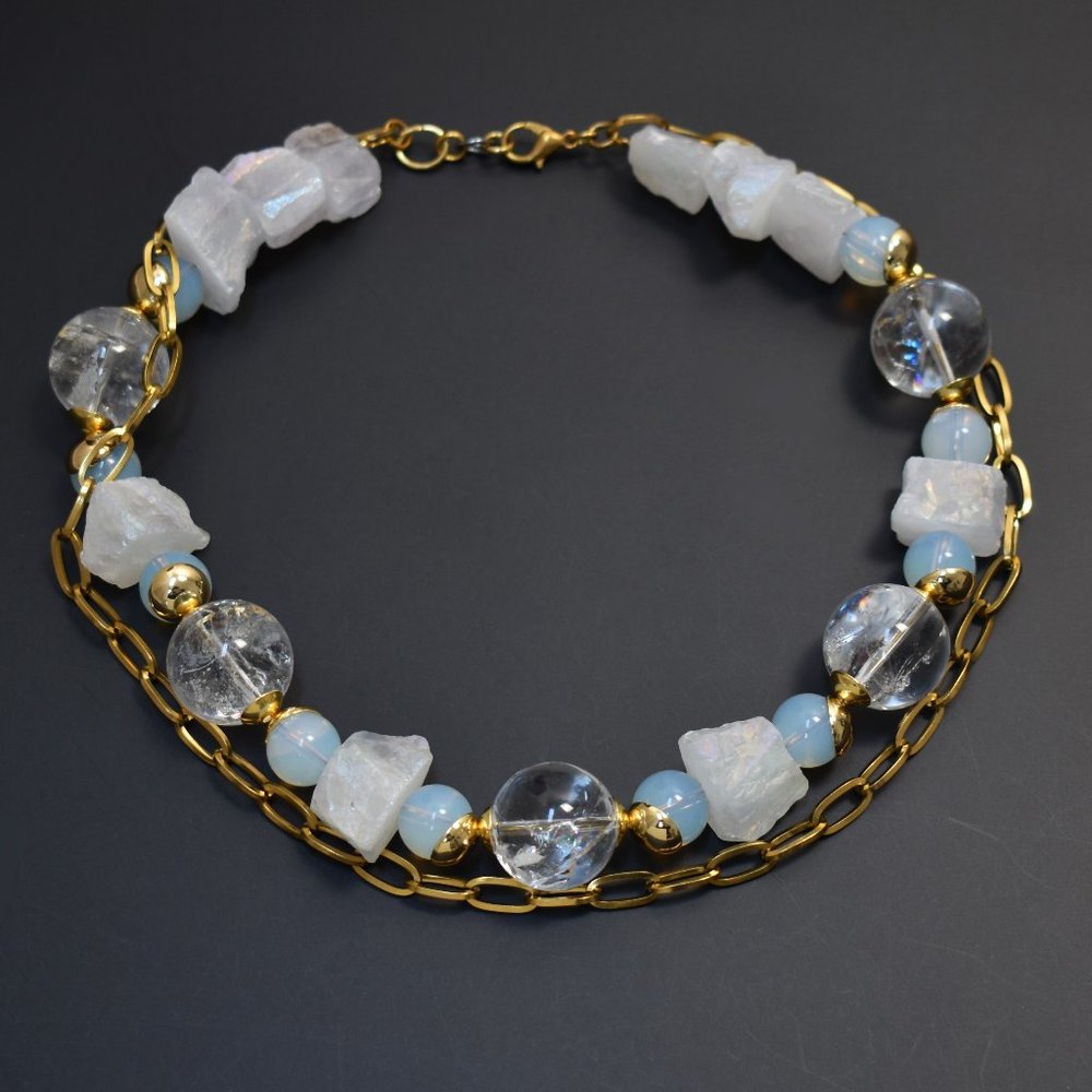Raw stone crystal massive necklace, statement chunky multi bead choker handmade